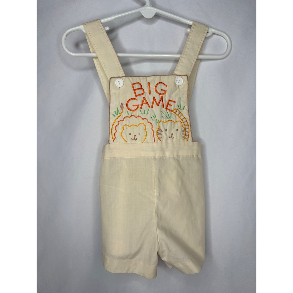 Vintage Mayfair Big Game Lion Tiger Embroidered‎ Overalls Cream 12 Months Safari